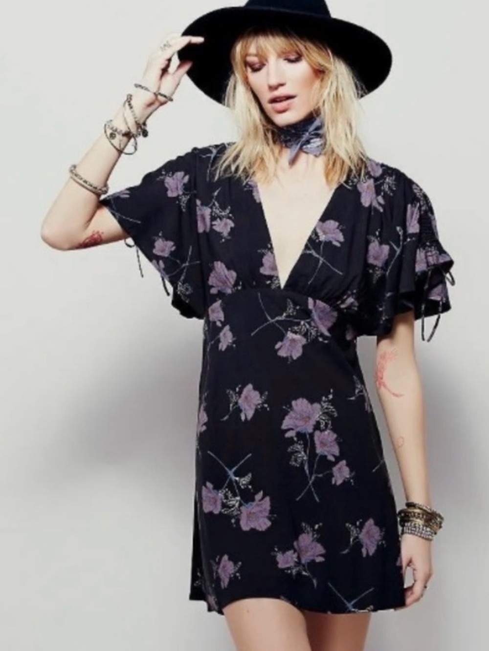 Free People Melanie Floral Mini Dress Black Purple Flutter Sleeve Pockets Boho 4